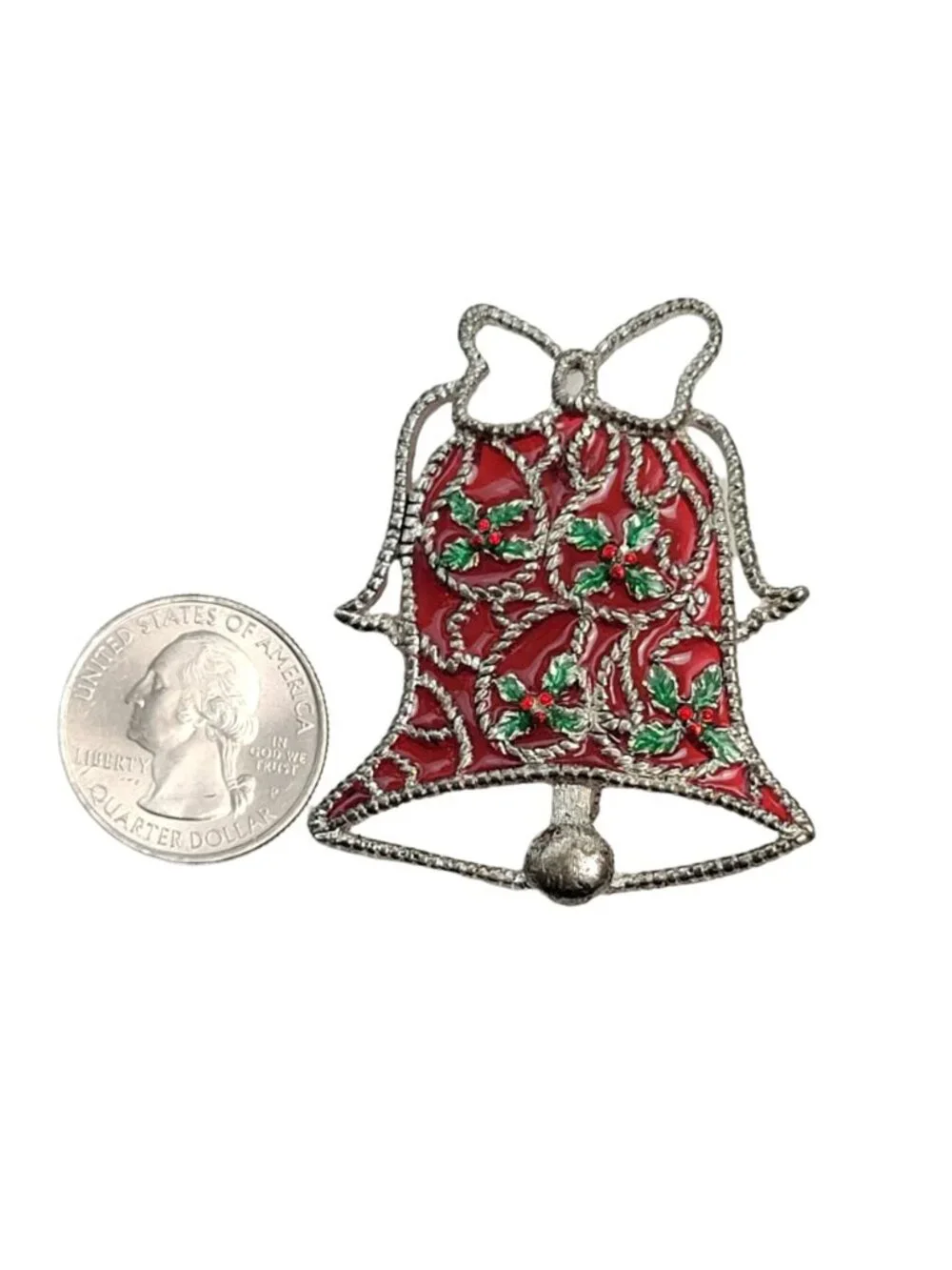 Danecraft Silvertone Red Plique A Jour Style Christmas Bell Pin Brooch, Signed